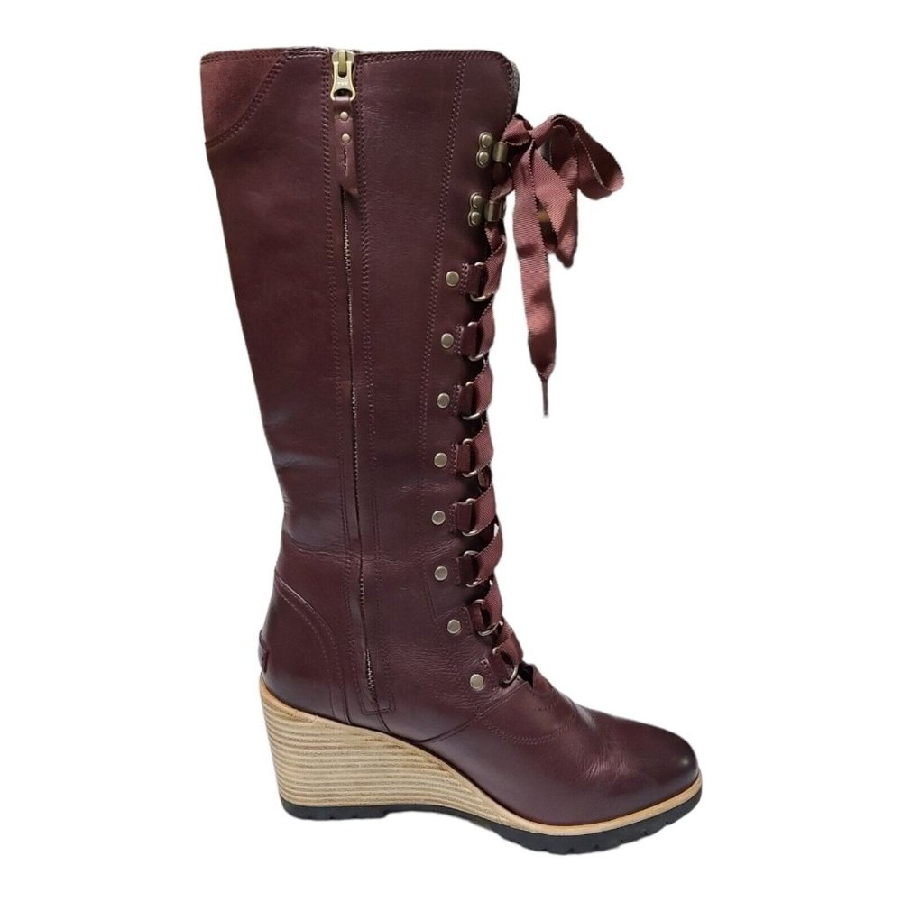 Elegant Burgundy/Brown Lace-Up Wedge Boots - Picture 5 of 12